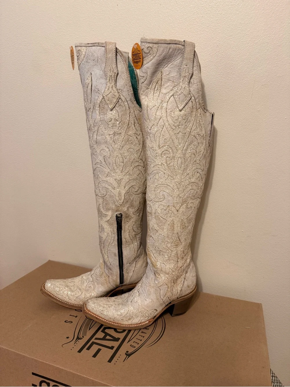 Women’s Beige Glitter Overlay and Embroidery Tall top Snip Toe Cowboy Boots